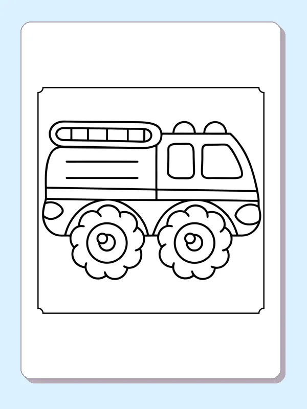 Plain side-view ladder fire truck with oversized wheels and no background