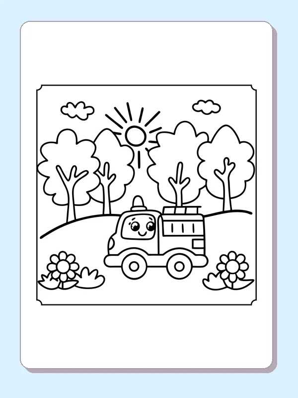 Small ladder fire truck with smiling driver on sunny tree-lined road