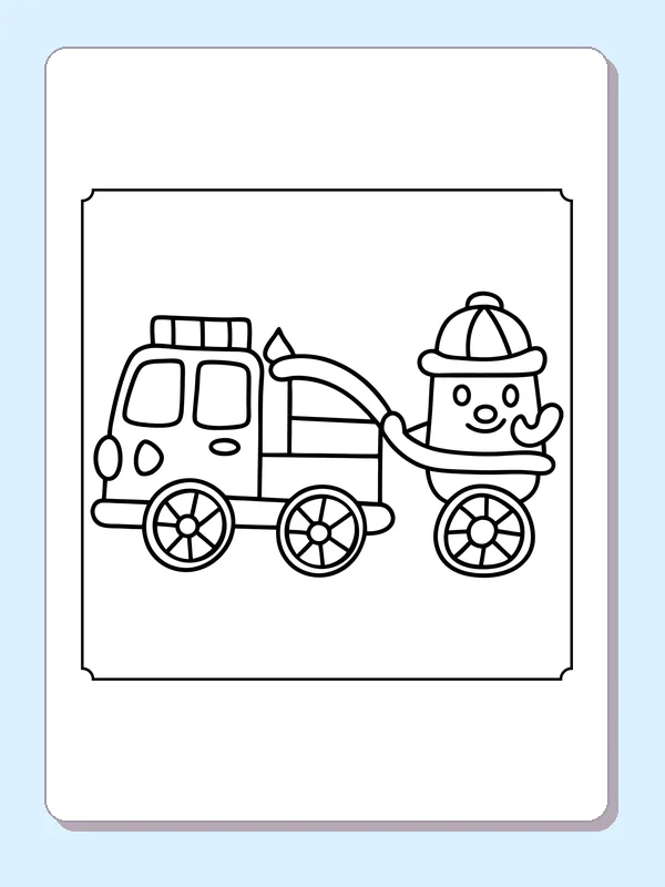 Small fire truck towing a smiling hose cart with big wheels