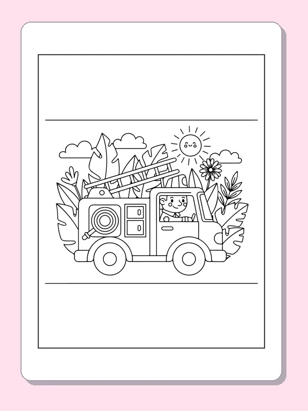 Ladder fire truck with a helmeted helper driving past garden flowers