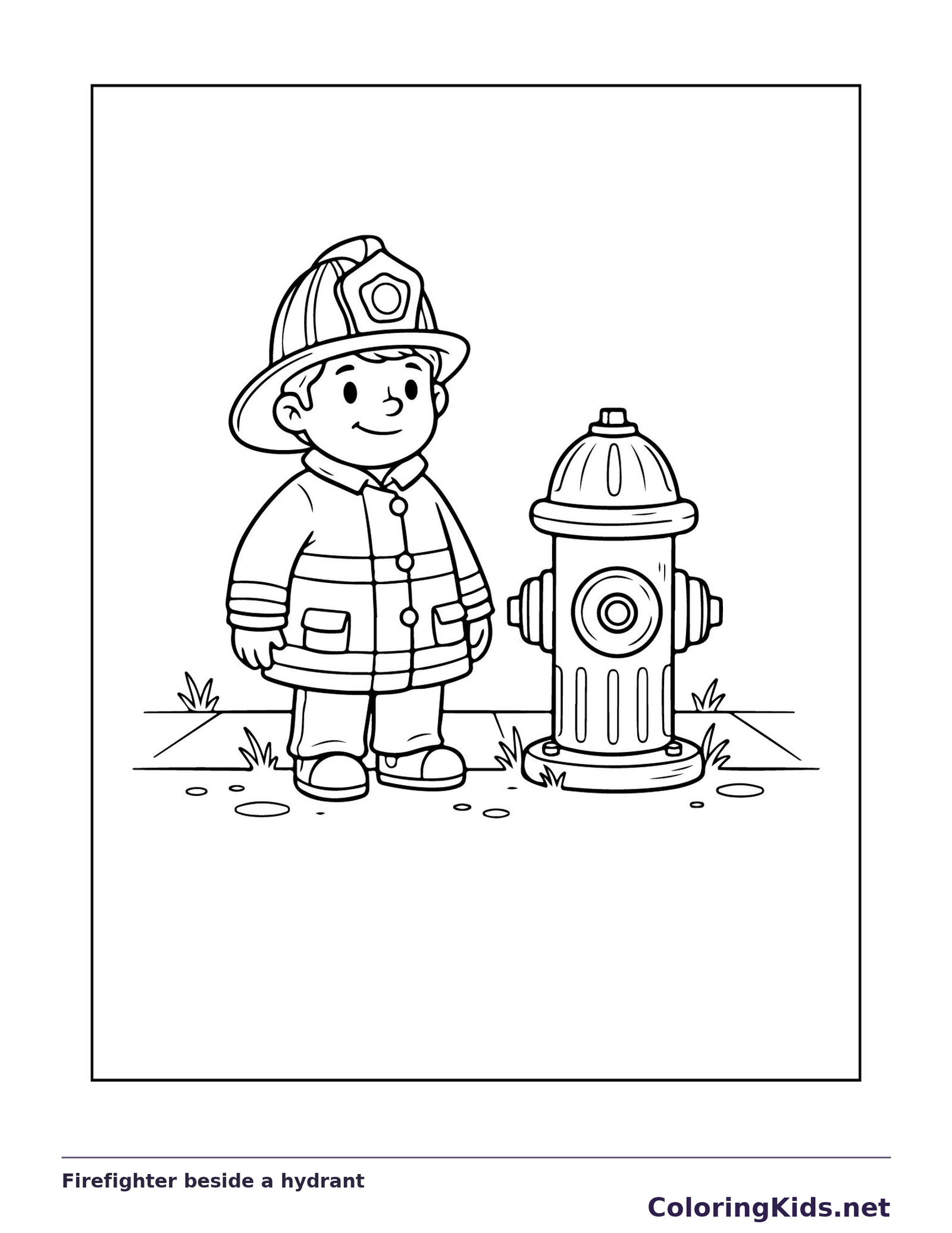 Smiling firefighter in helmet and coat standing beside a fire hydrant
