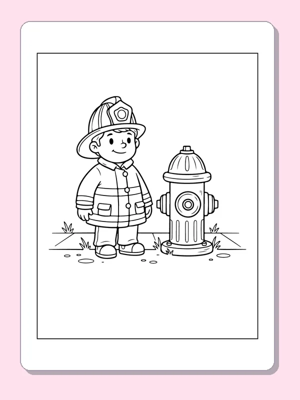 Smiling firefighter in helmet and coat standing beside a fire hydrant
