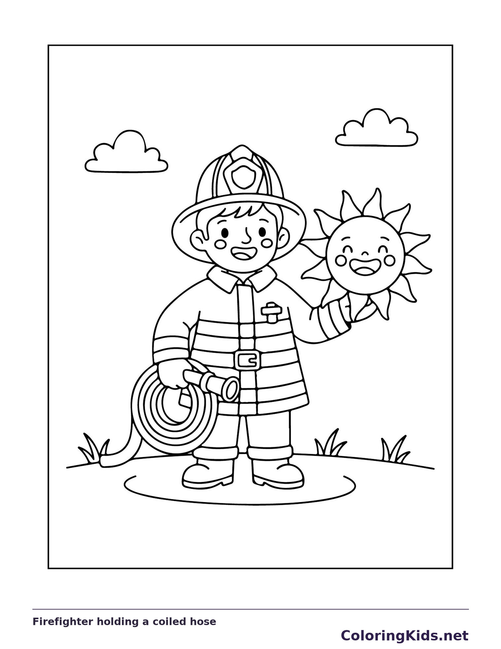 Helmeted firefighter standing with coiled hose beside a smiling sun