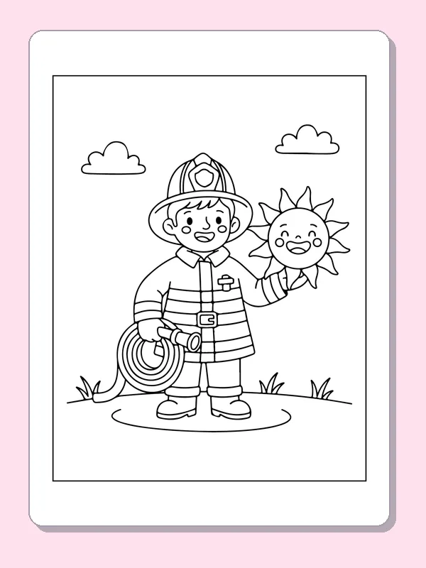 Helmeted firefighter standing with coiled hose beside a smiling sun