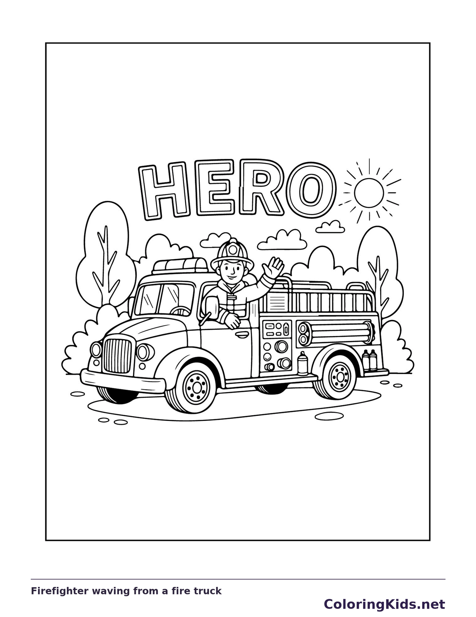 Firefighter waving from a fire truck beneath HERO lettering