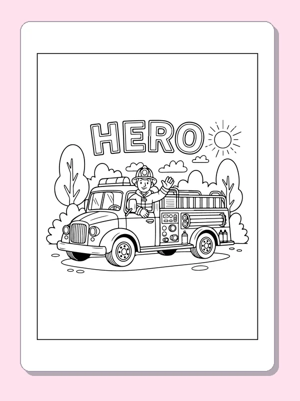 Firefighter waving from a fire truck beneath HERO lettering