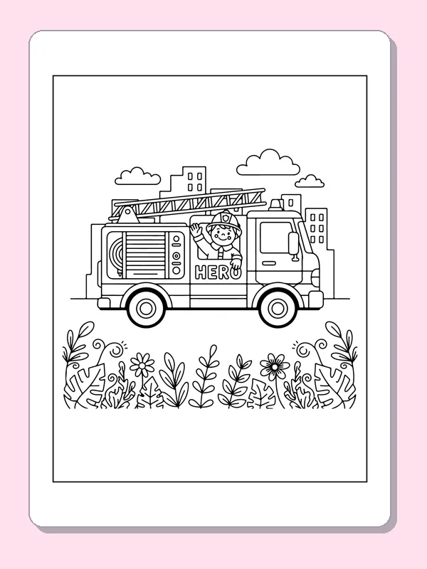 Firefighter waving from a ladder truck above a border of flowers