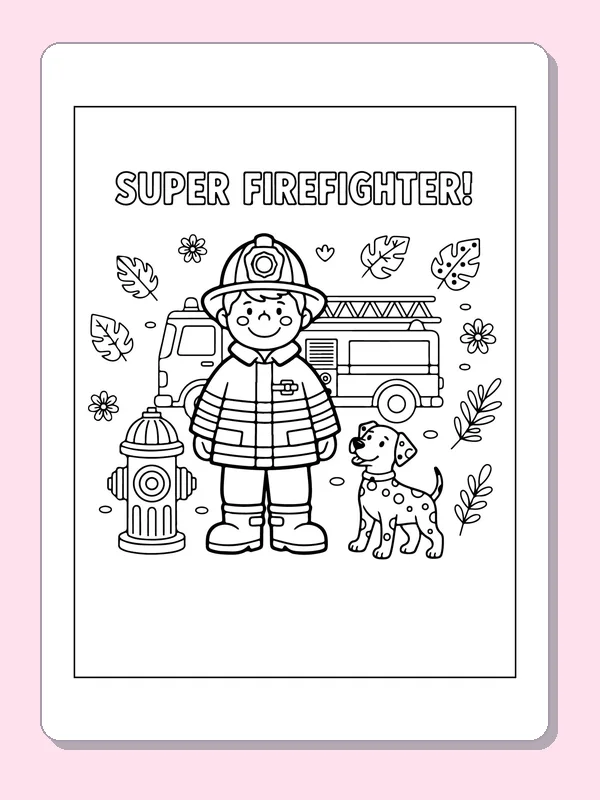 Firefighter and spotted dog with a fire truck and hydrant behind them