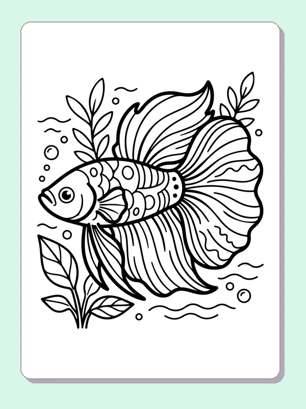 Fan-Tailed Fish Among Leaves coloring page: black and white line art to print or color online