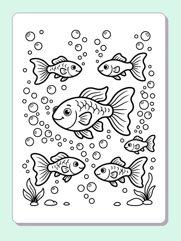 Five Fish In Bubble Water coloring page: black and white line art to print or color online