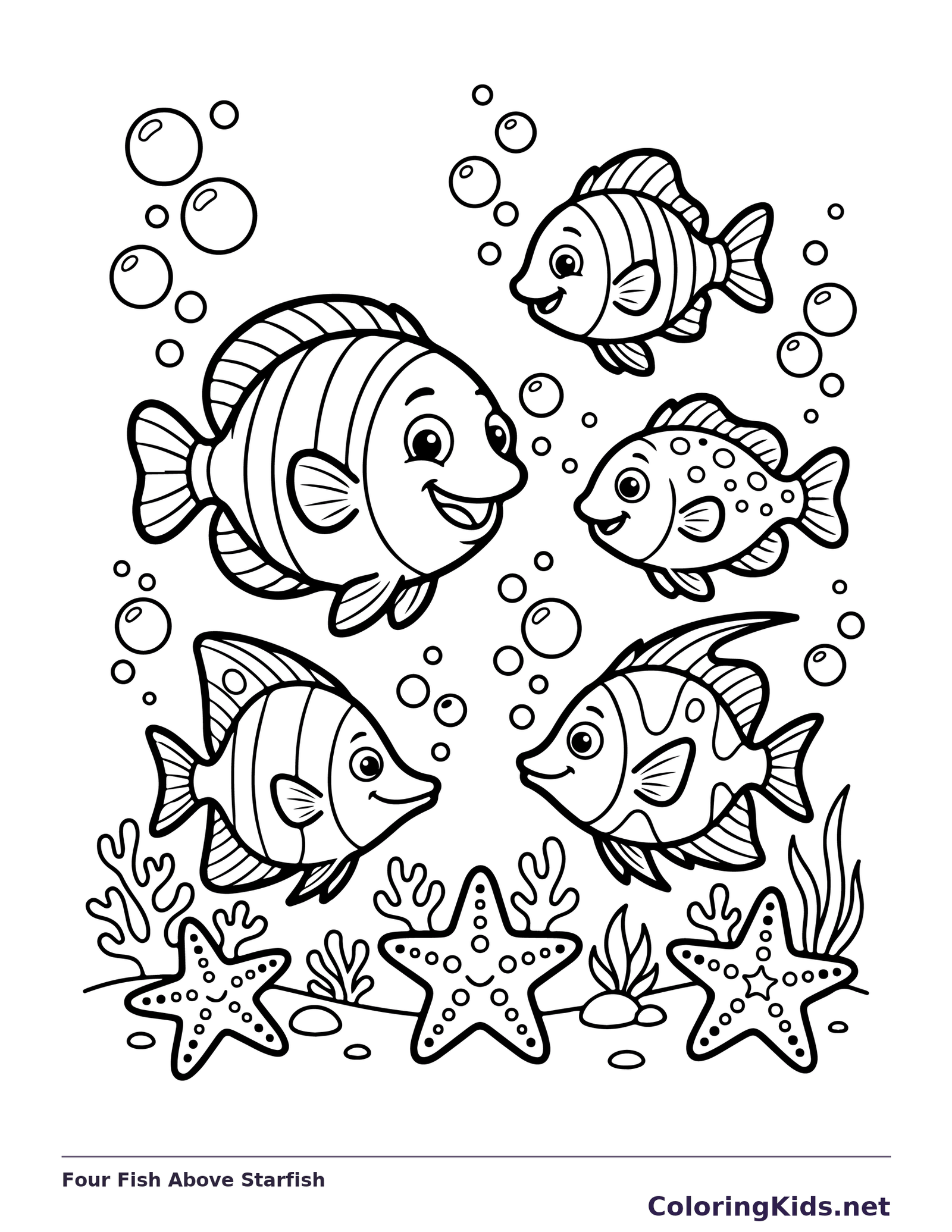 Four Fish Above Starfish coloring page: black and white line art to print or color online