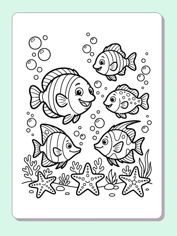 Four Fish Above Starfish coloring page: black and white line art to print or color online