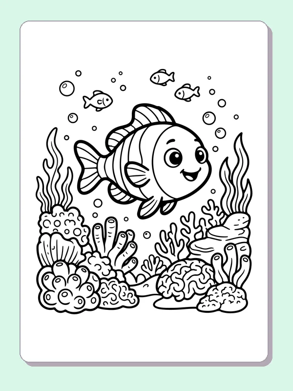 Happy Fish Over A Coral Garden coloring page: black and white line art to print or color online