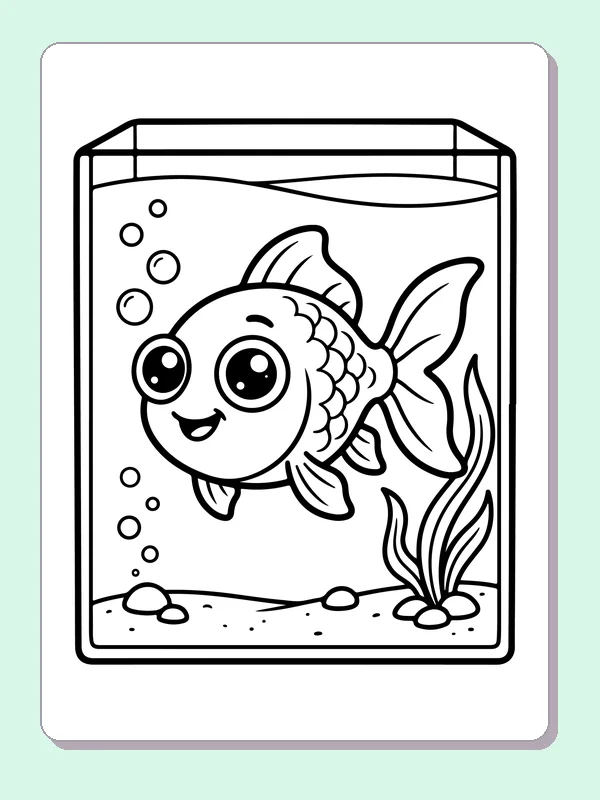 Little Fish In An Aquarium coloring page: black and white line art to print or color online