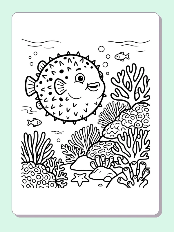 Pufferfish Above The Coral coloring page: black and white line art to print or color online