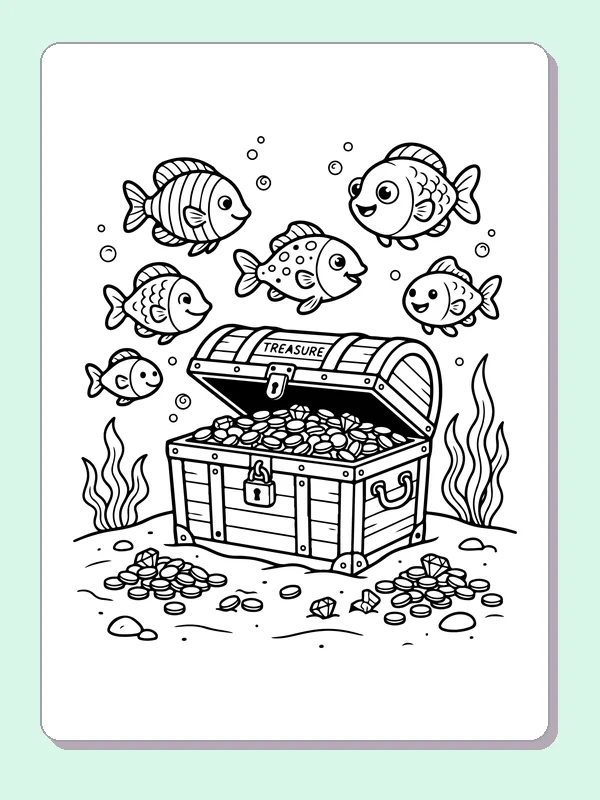 School Of Fish And Sunken Treasure coloring page: black and white line art to print or color online