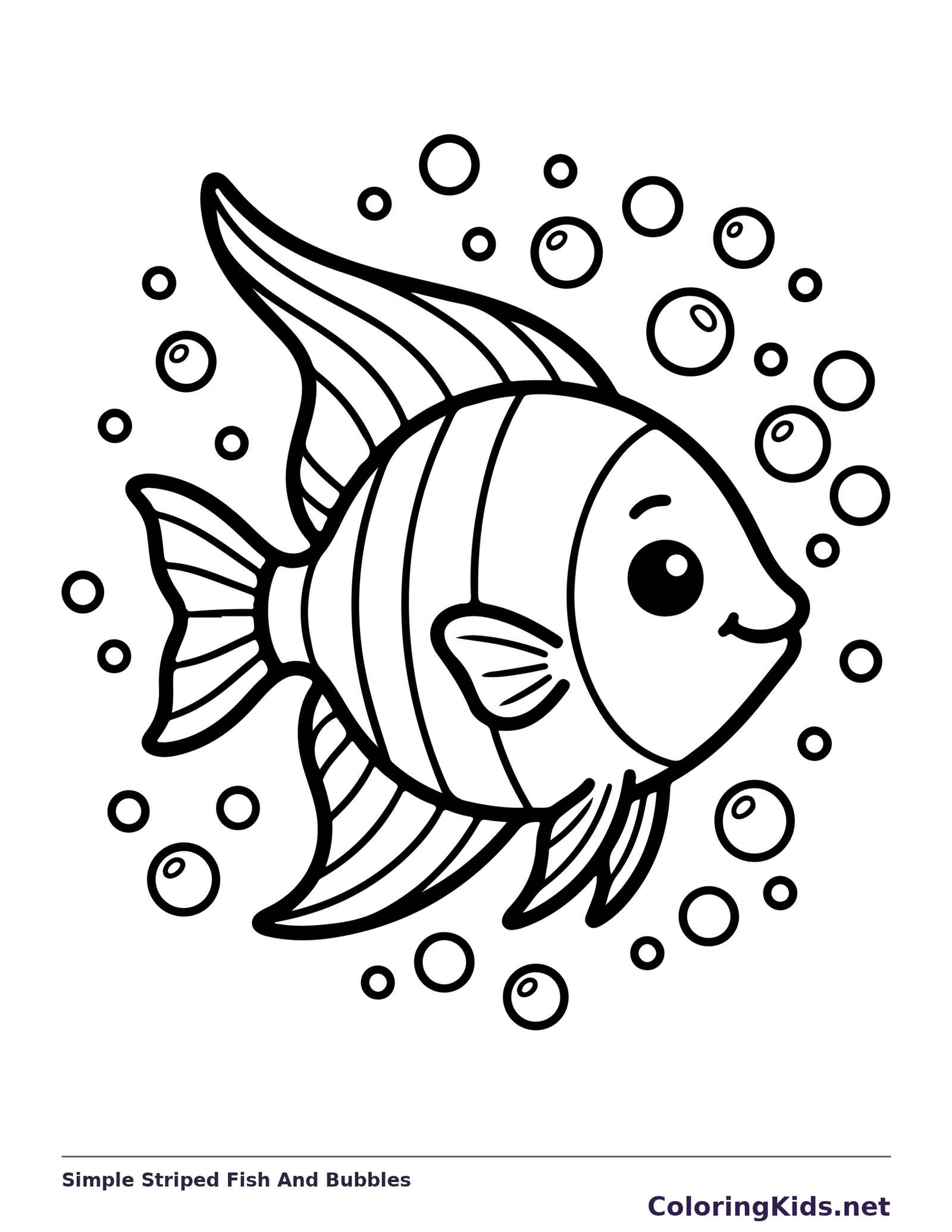 Simple Striped Fish And Bubbles coloring page: black and white line art to print or color online