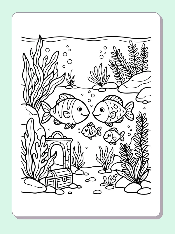Two Fish Near A Treasure Chest coloring page: black and white line art to print or color online