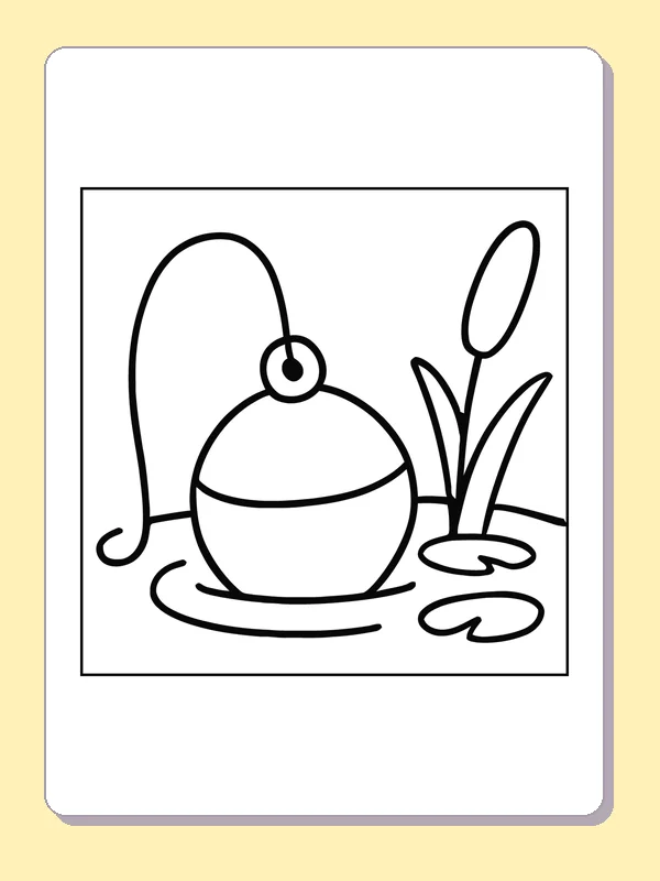Round fishing bobber on water beside reeds and curved line, black-and-white line art.