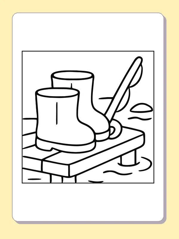 Fishing boots and rod on wooden dock above water, black-and-white line art.