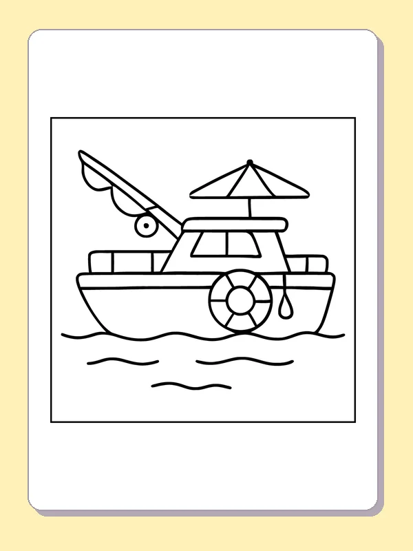 Cabin boat with roof umbrella and life ring on water, black-and-white line art