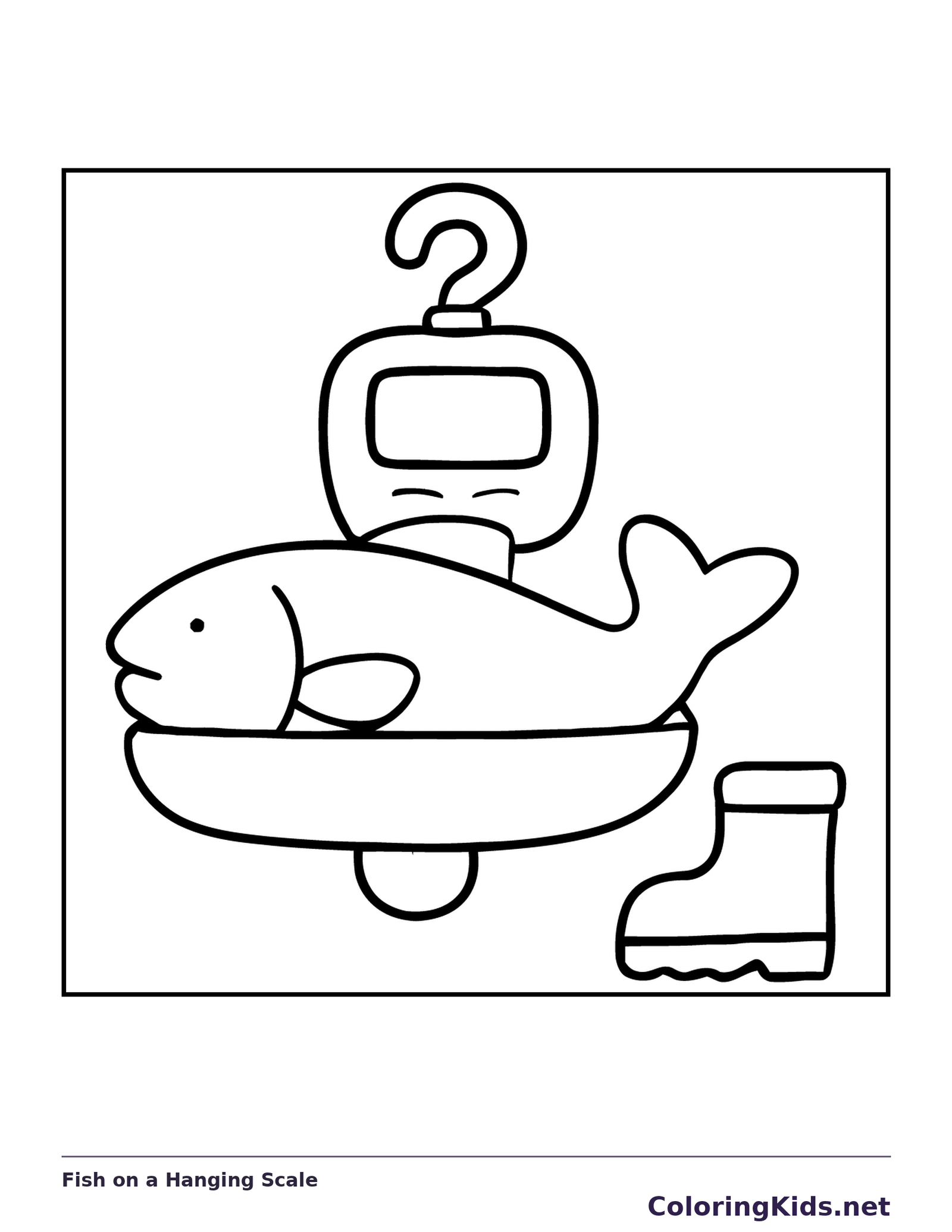 Fish on tray beneath hanging scale, black-and-white line art