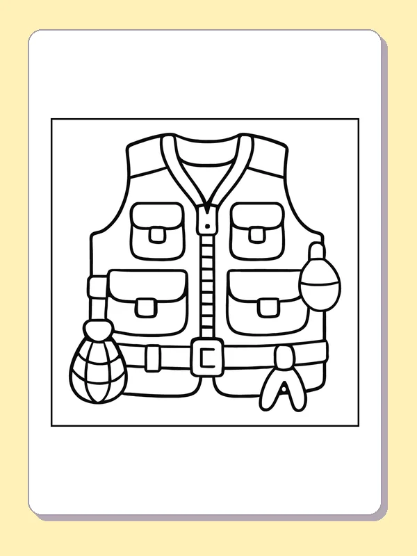 Pocketed fishing life vest with buckle and zipper, black-and-white line art