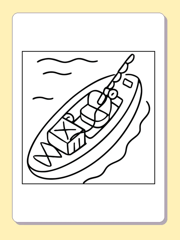 Small fishing boat carrying rod and box on water, black-and-white line art