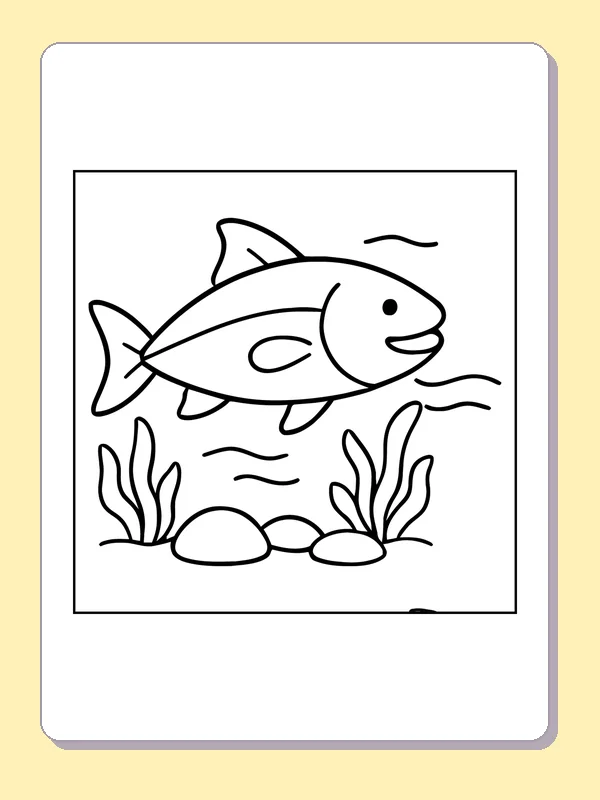 Smiling fish between water plants and stones, black-and-white line art