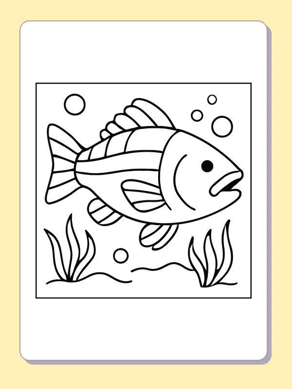Striped fish swimming with bubbles and water plants, black-and-white line art