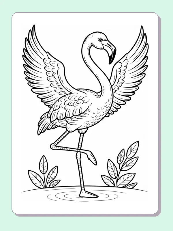 Flamingo Balancing with Wings Open coloring page: black and white line art to print or color online