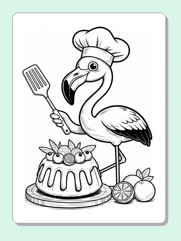 Flamingo Chef Decorating a Cake coloring page: black and white line art to print or color online