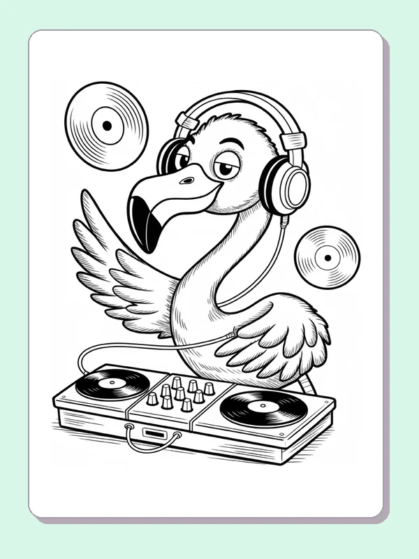Flamingo DJ Wearing Headphones coloring page: black and white line art to print or color online