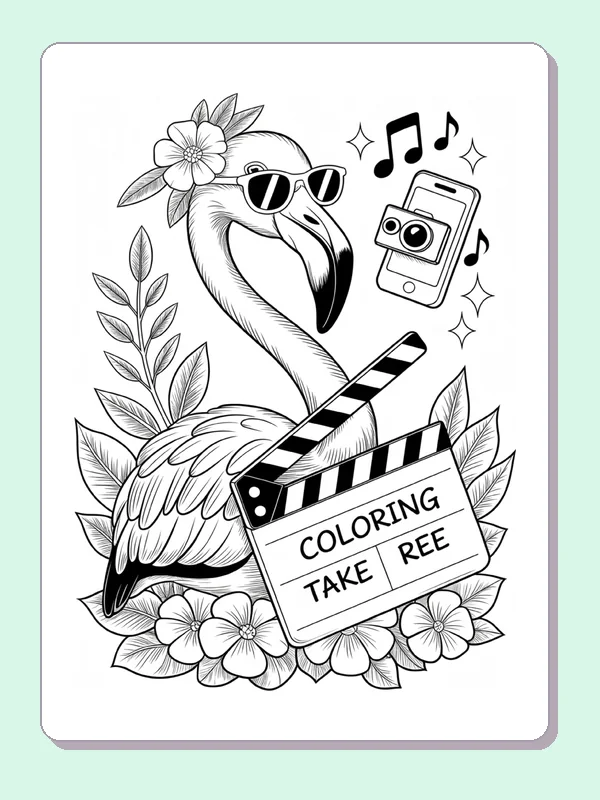 Flamingo Filming a Musical Scene coloring page: black and white line art to print or color online