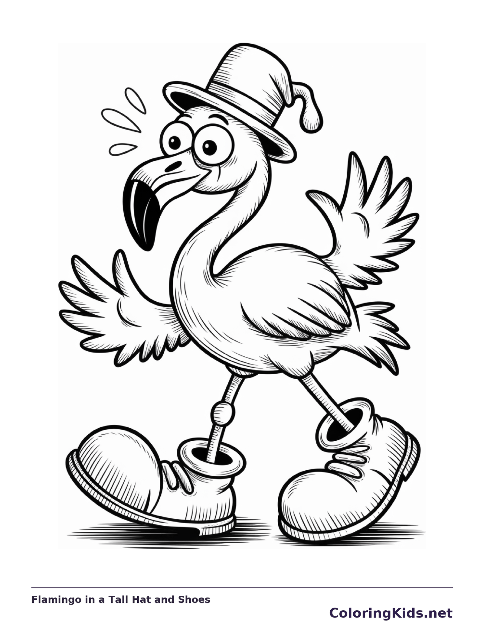 Flamingo in a Tall Hat and Shoes coloring page: black and white line art to print or color online