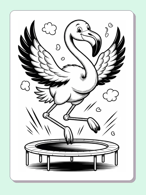 Flamingo Jumping on a Trampoline coloring page: black and white line art to print or color online