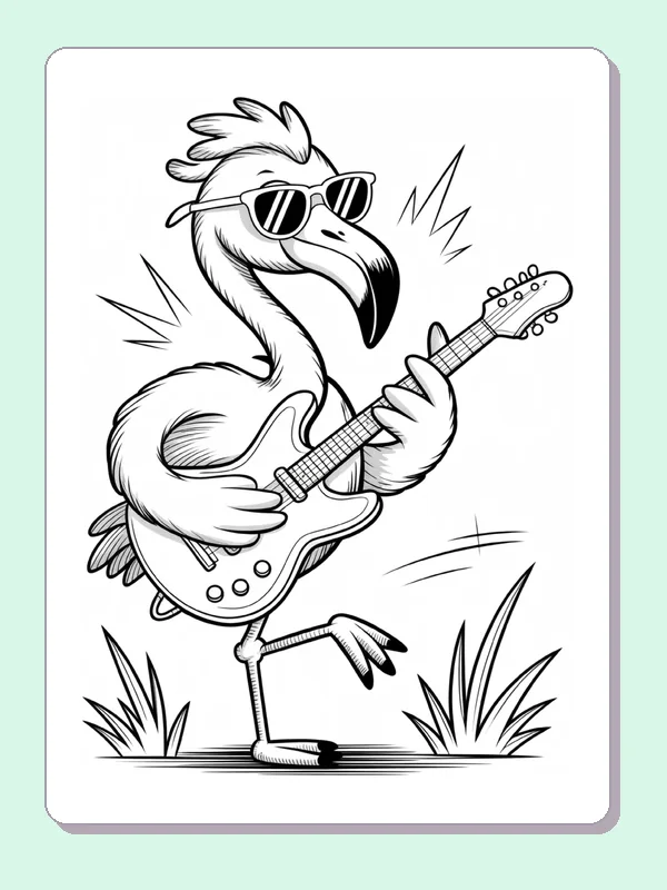 Flamingo Playing an Electric Guitar coloring page: black and white line art to print or color online