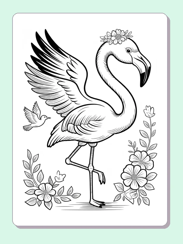 Flamingo Standing among Flowers coloring page: black and white line art to print or color online