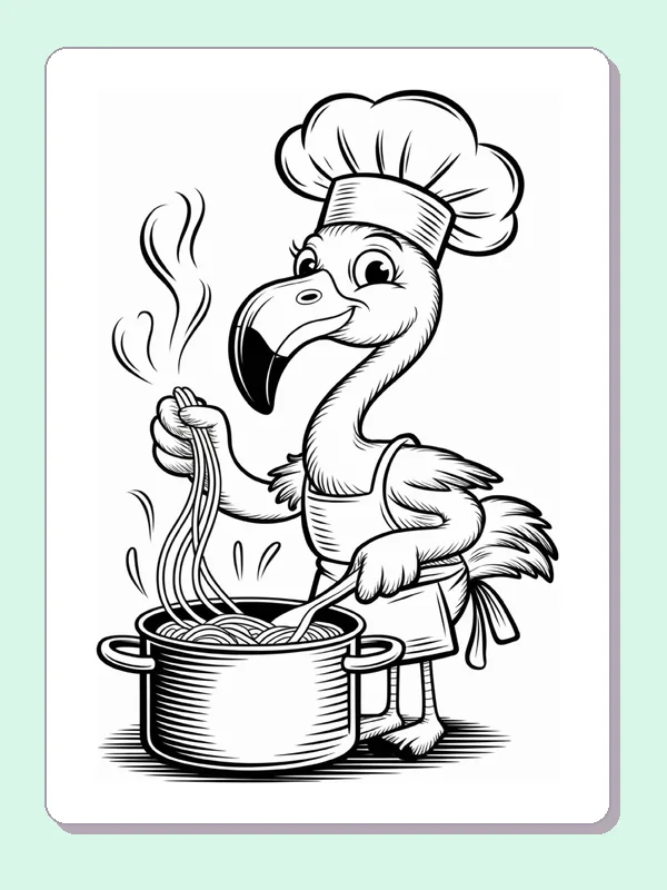 Flamingo Stirring a Cooking Pot coloring page: black and white line art to print or color online
