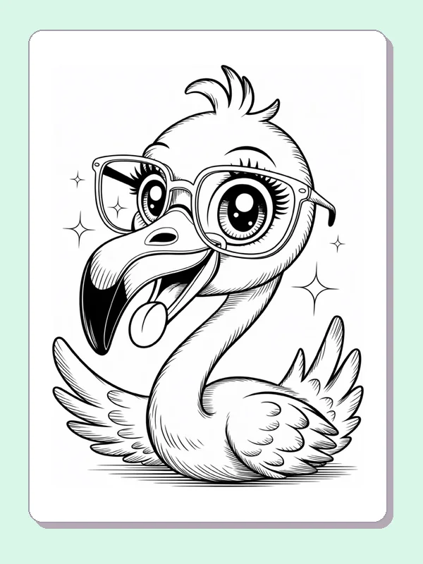 Flamingo Wearing Oversized Glasses coloring page: black and white line art to print or color online