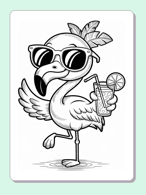 Flamingo with Sunglasses and a Drink coloring page: black and white line art to print or color online