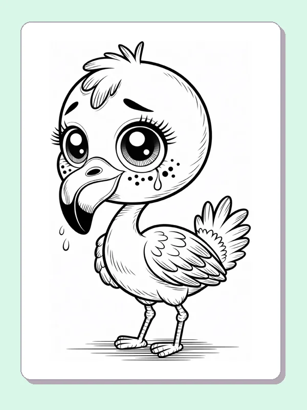 Little Flamingo Looking Down coloring page: black and white line art to print or color online