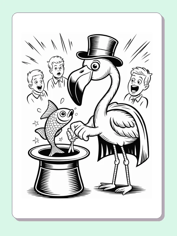 Magician Flamingo with a Fish coloring page: black and white line art to print or color online