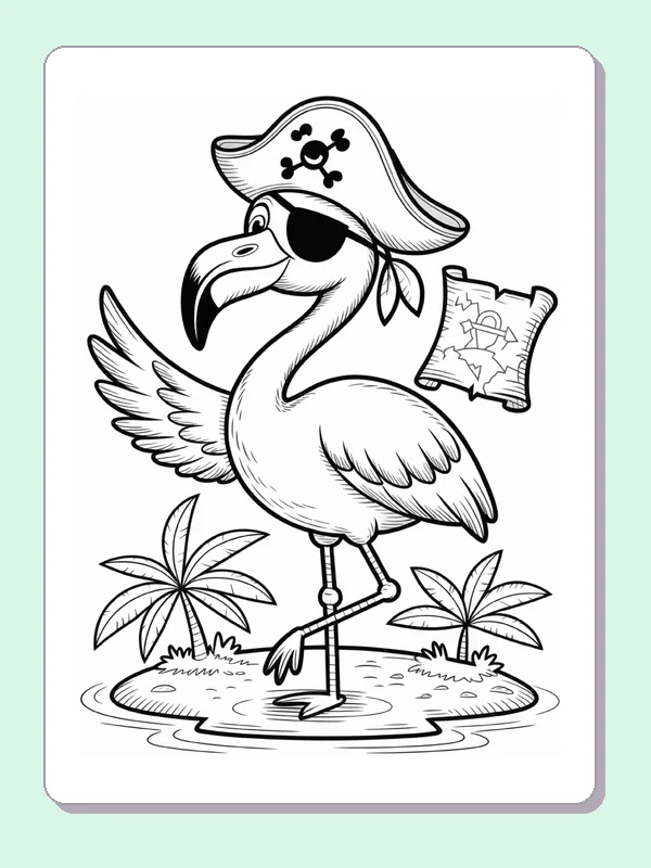 Pirate Flamingo Holding a Map coloring page: black and white line art to print or color online