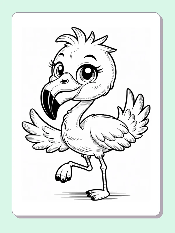 Smiling Flamingo Walking in Water coloring page: black and white line art to print or color online