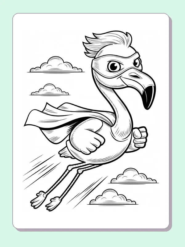 Superhero Flamingo Flying through Clouds coloring page: black and white line art to print or color online