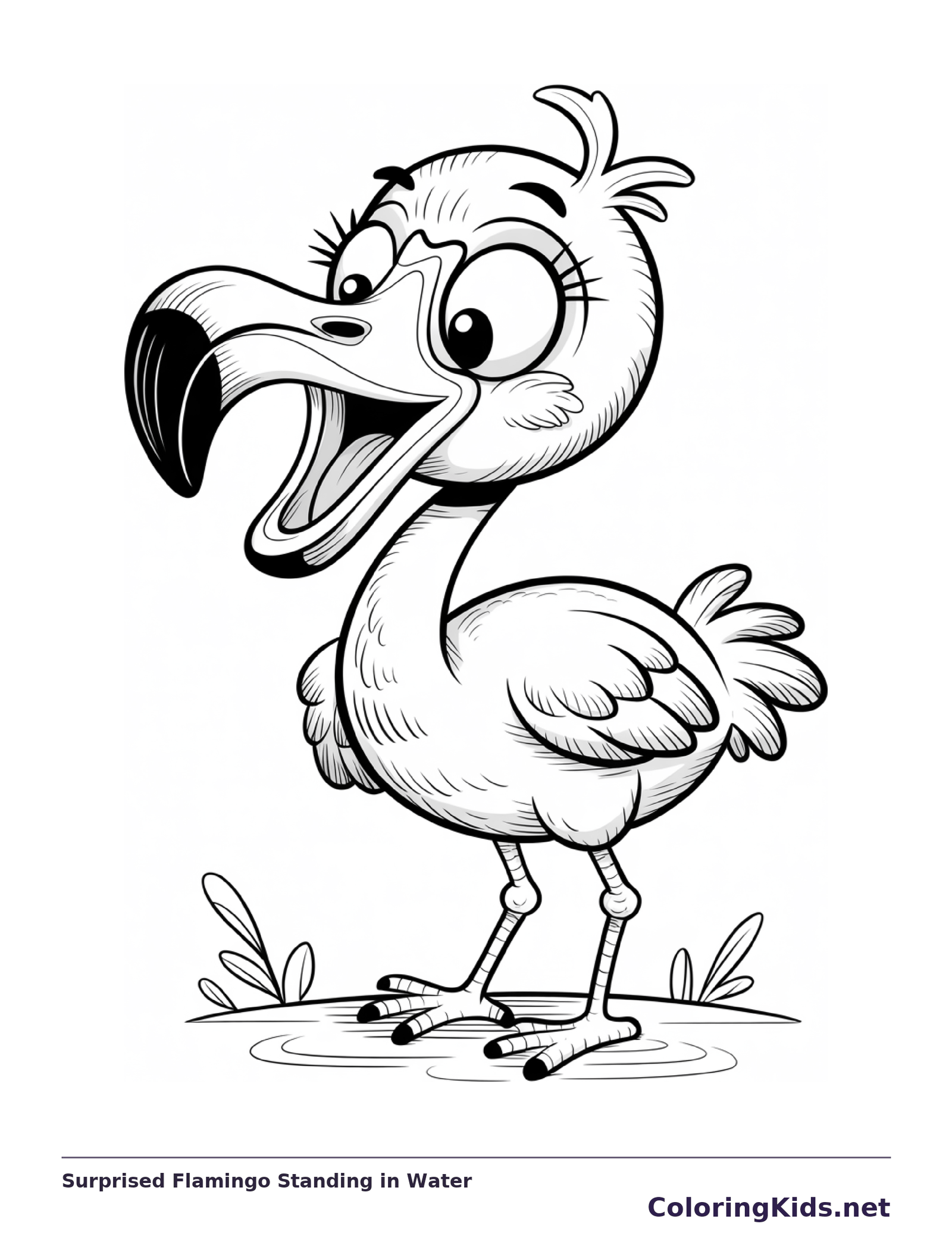Surprised Flamingo Standing in Water coloring page: black and white line art to print or color online