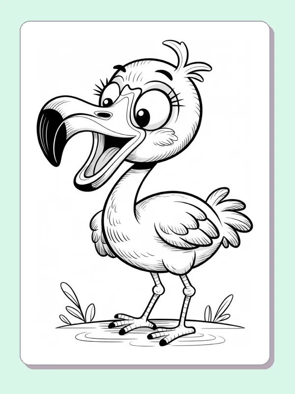 Surprised Flamingo Standing in Water coloring page: black and white line art to print or color online