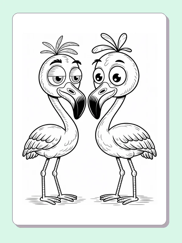 Two Flamingos Looking at Each Other coloring page: black and white line art to print or color online
