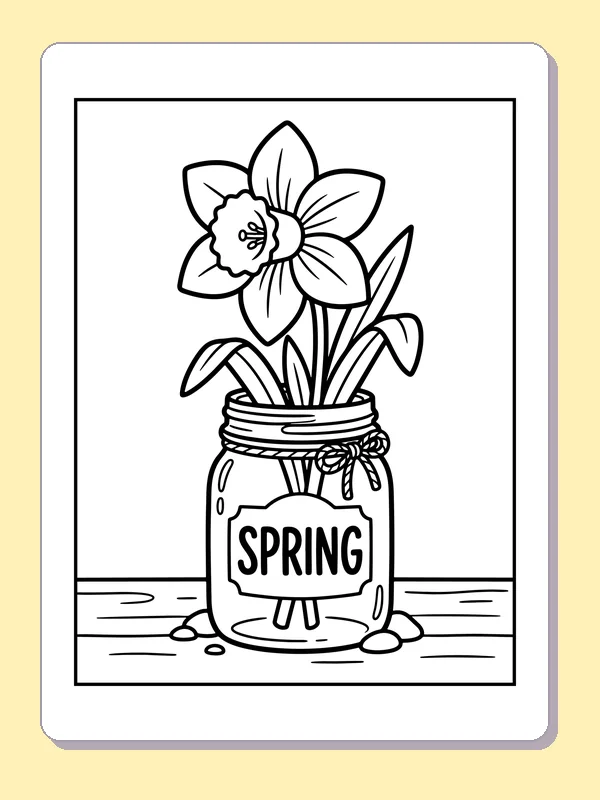 Black and white printable daffodil in a spring jar coloring sheet